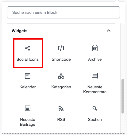 Der Social Icons-Block im Block-Menü