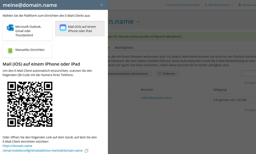 Plesk Obsidian QR-Code für iOS