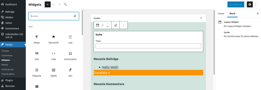 Block-Auswahl im neuen Widget-Editor von WordPress 5.8